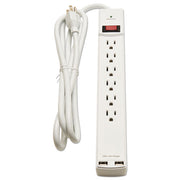 Surge Protector, 6 AC Outlets/2 USB Ports, 6 ft Cord, 1,080 J, White