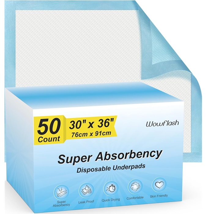 Super Absorbency Disposable Leakproof Underpads 30” x 36”, 50 Count